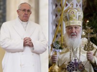 FILE - In this file photo combination Russian Orthodox Patriarch Kirill, right, serves the Christmas Mass in the Christ the Savior Cathedral in Moscow, Russia, on Thursday, Jan. 7, 2016 and Pope Francis prays during an audience at the Vatican on Saturday, Jan. 30, 2016. Pope Francis and the leader of the Russian Orthodox Church will meet in Cuba next week in a historic step to heal the 1,000-year-old schism that divided Christianity between East and West, both churches announced Friday, Feb. 5, 2016. (AP Photo/Ivan Sekretarev/Andrew Medichini, Files)